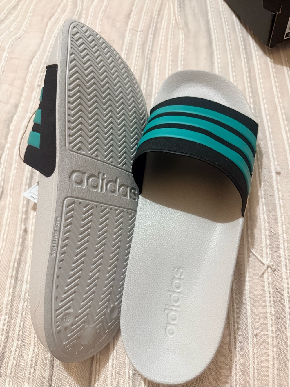 Adidas White Slides with Black and Teal Stripes